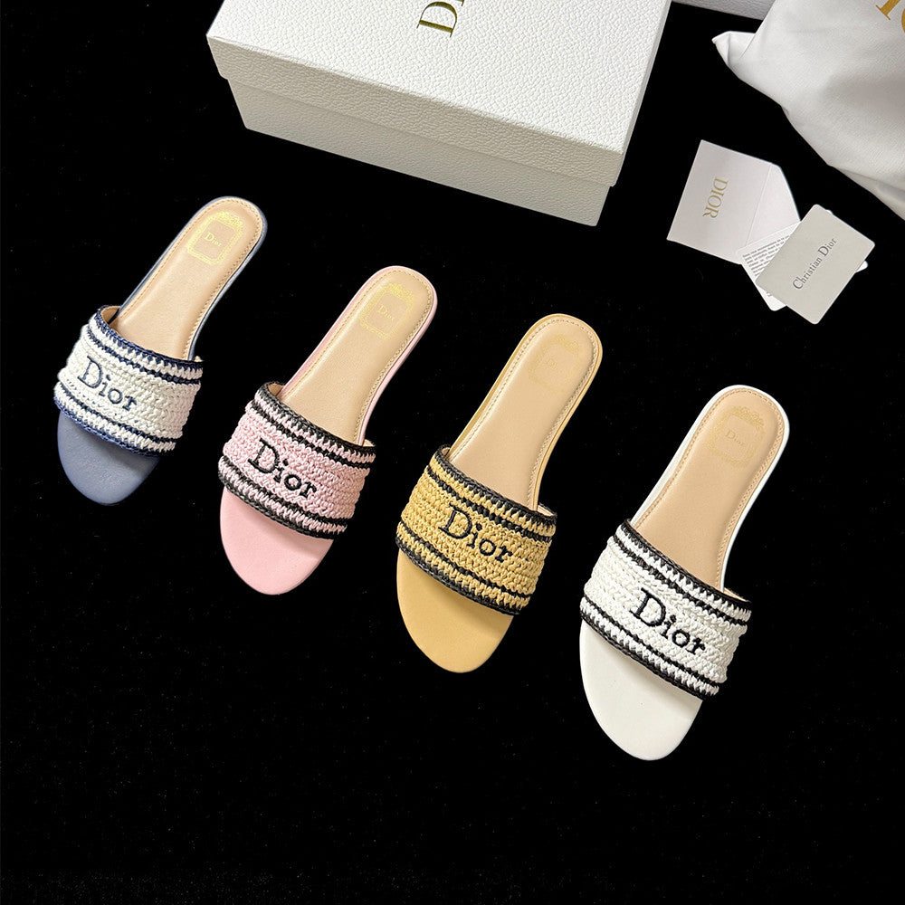 DIOR Dioriviera Dior Woven Slide Soupir Pink Crocheted Raffia-Effect Technical Fabric #387794