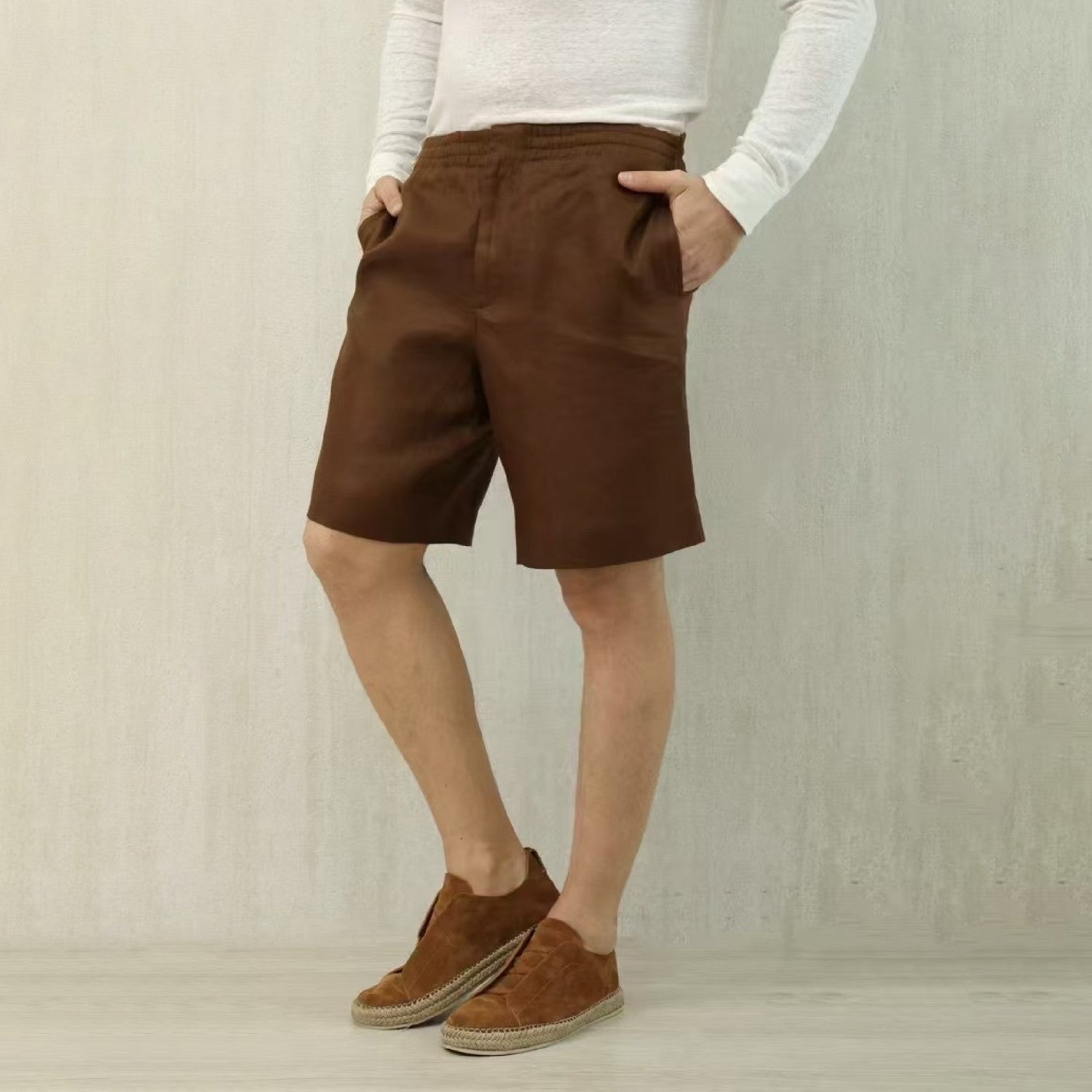 Ermenegildo Zegna Men's Summer Mid Waist Straight Solid Color Linen Casual Shorts Ngvp #1234