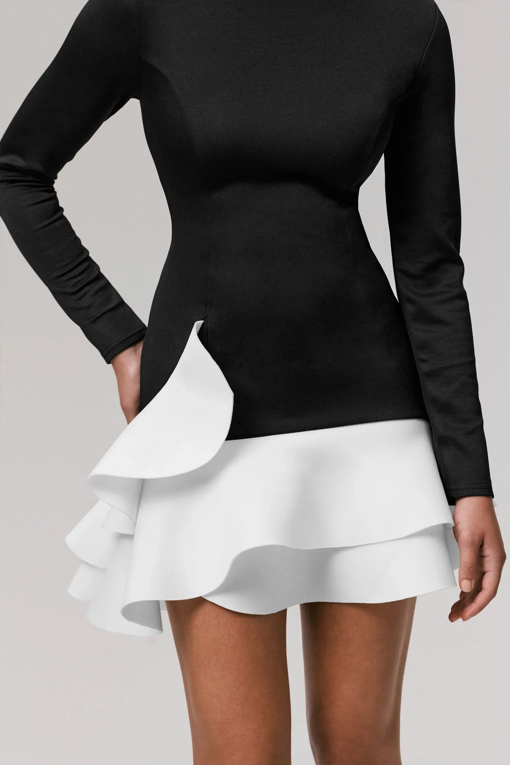 Lucinda | Black & White Long-Sleeve Mini Dress With Ruffle Hem