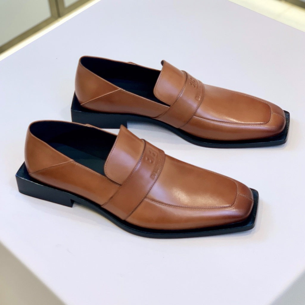 Balenciaga Men's Solid Colour Square Toe Metal BB Logo Cowhide Leather Shoes #77218