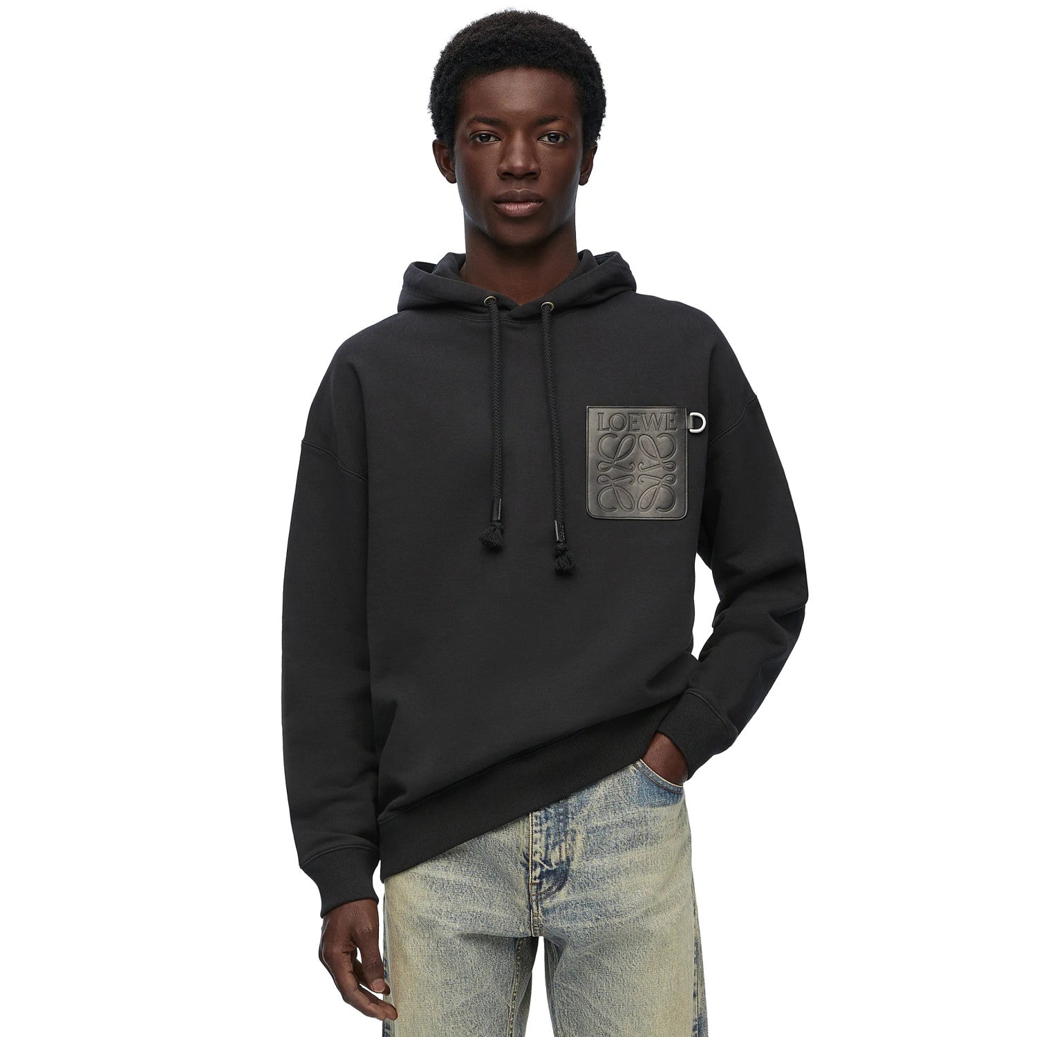 Loewe Men's Spring & Autumn Solid Color Logo Leather Label Drawstring Hooded Sweatshirt Pullover #98912