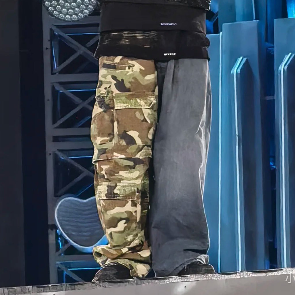 Balenciaga Men's Four Seasons Vintage Washed Camouflage Splicing Frayed Jeans Fashion High Street Straight Wide Leg Work Pants Ngvp #9121