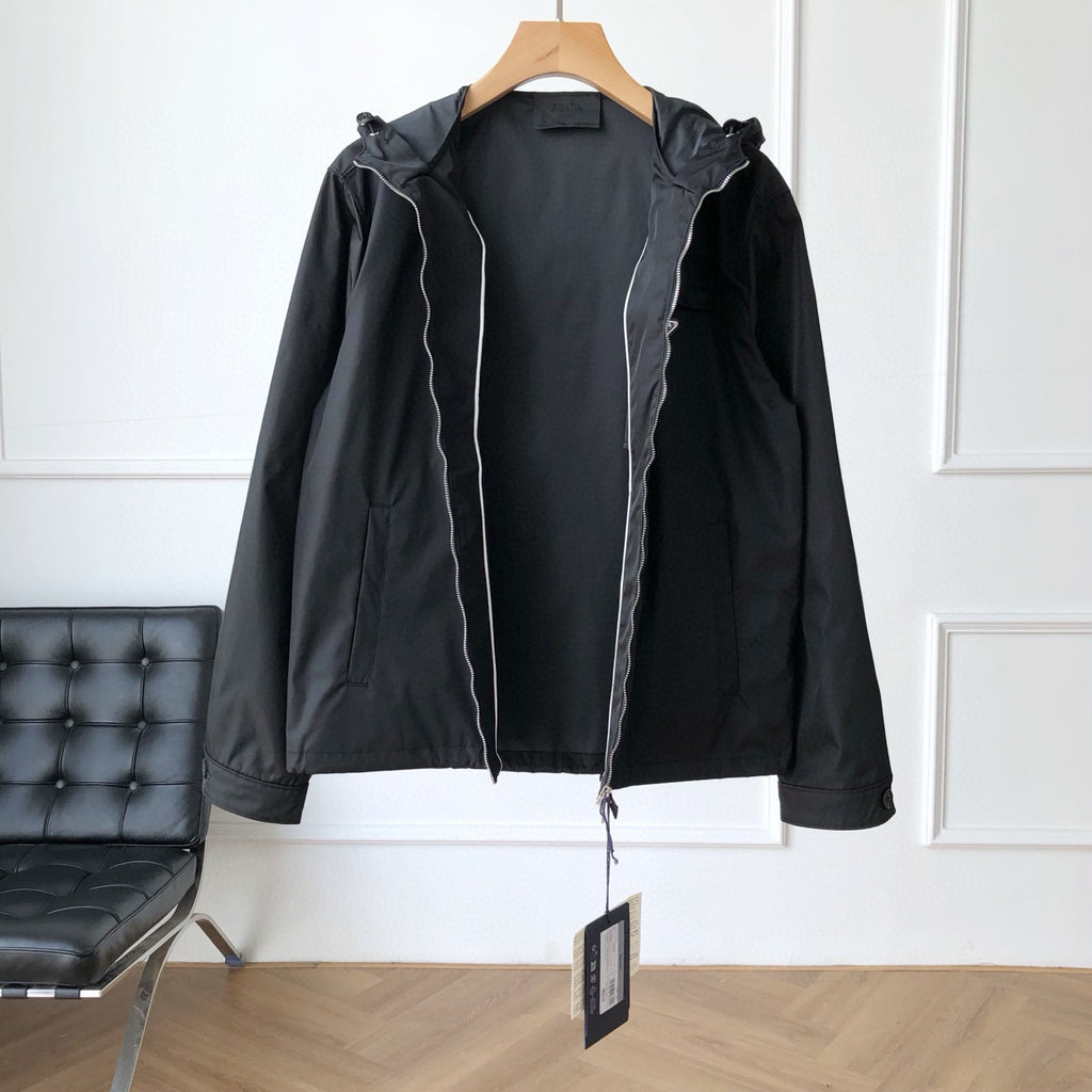 Prada Men's Fall And Winter Recycled Nylon Short Jacket Black Hooded Zipper Jacket Logo Pockets Fashion Trend Casual Jacket #81397