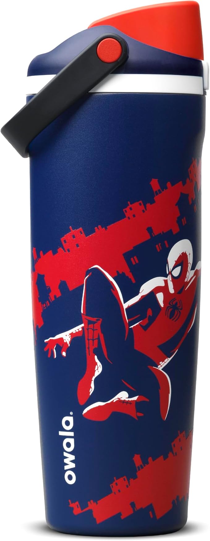 Owala Spider-Man FreeSip Sway Insulated Stainless Steel Water Bottle with Two-Way Spout. Built-in Straw and Bucket Handle. Suitable for School and Sports. 30 oz (approx. 850.5 g). BPA-Free. Leak-Proof. Swing