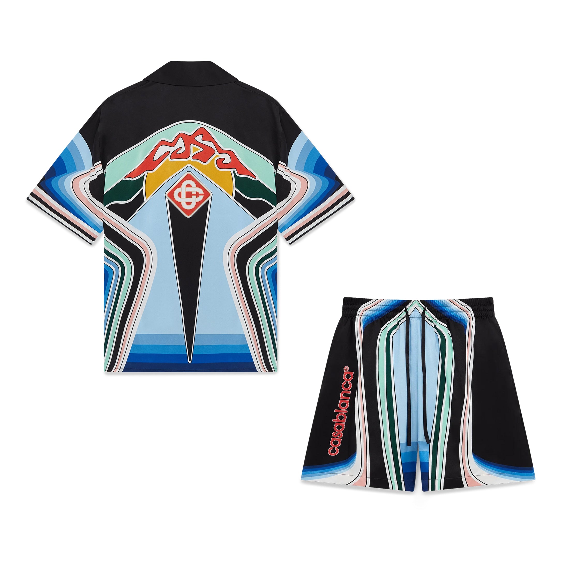 Casablanca Men's Summer Fashion Casual Crew Neck Geometric Mountain Pattern Silk Short-Sleeve T-Shirt Elastic Drawstring Mountain Pattern Silk Shorts Suit Set #78591