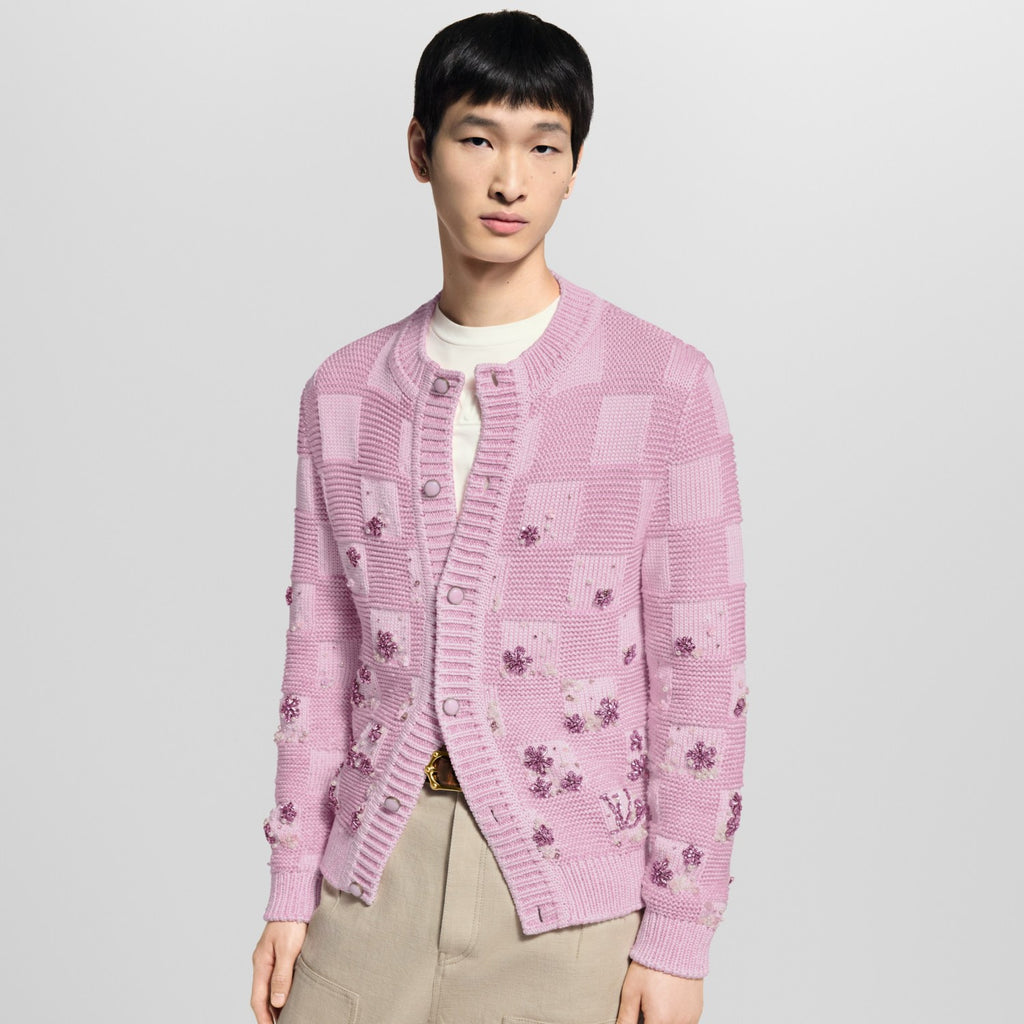 Louis Vuitton DAMIER Men's And Women's Spring/fall Fashion Casual Crew Neck Single-button Checkered Pattern Sweater With Delicate Floral Embroidery Details Knit Cardigan #79247