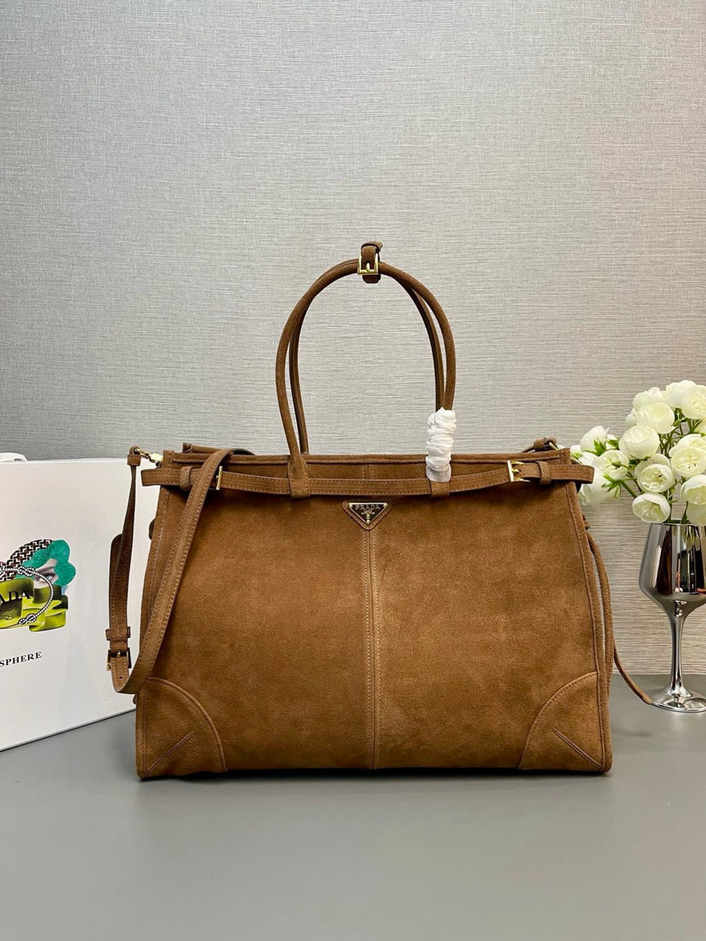 PRADA (42CM) LusGolf Oiled Leather 1BA439 Extra Large Portable Crossbody Bags Shoulder Bag Handbag #194092