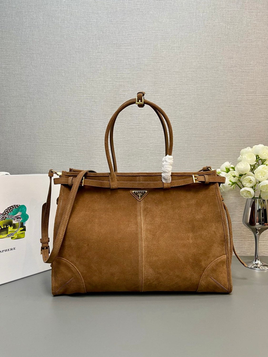 PRADA (42CM) LusGolf Oiled Leather 1BA439 Extra Large Portable Crossbody Bags Shoulder Bag Handbag #194092