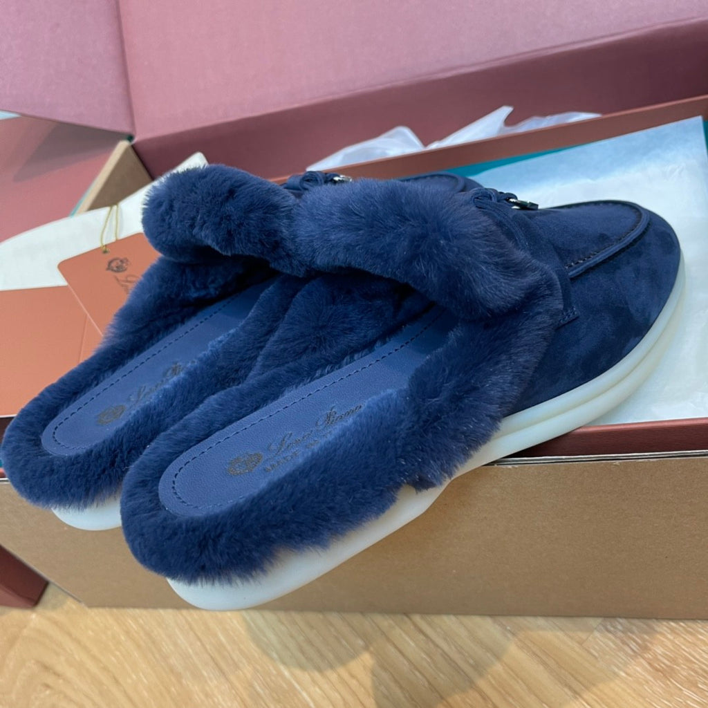 Loro Piana Women's Winter Fashion Casual Round Toe Slip On Beaver Fur Slippers Leather Rubber Sole Covered Toe Slippers  Shoes #78588