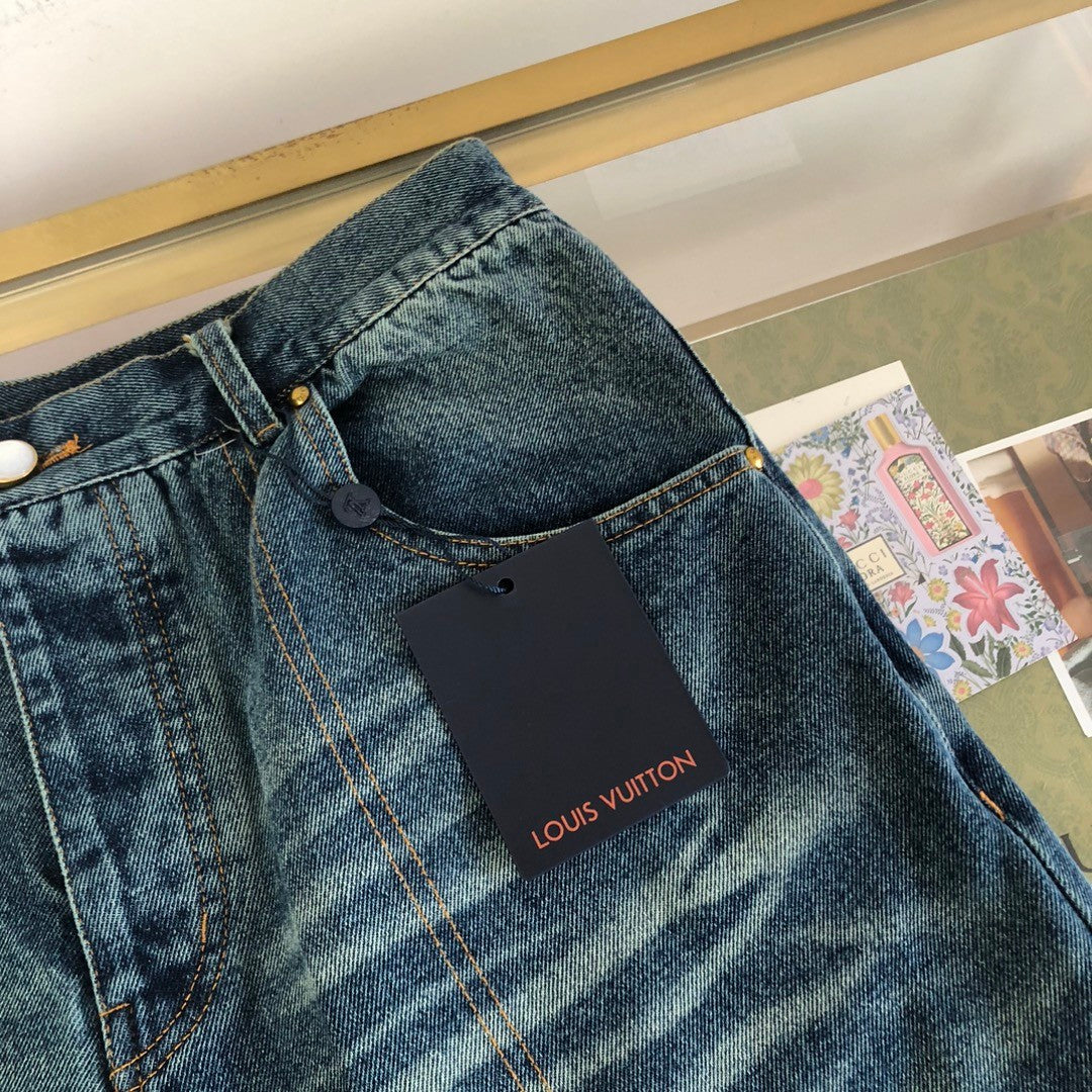 Louis Vuitton Men's Summer Solid Color Button Down Casual Jeans Pants #76481