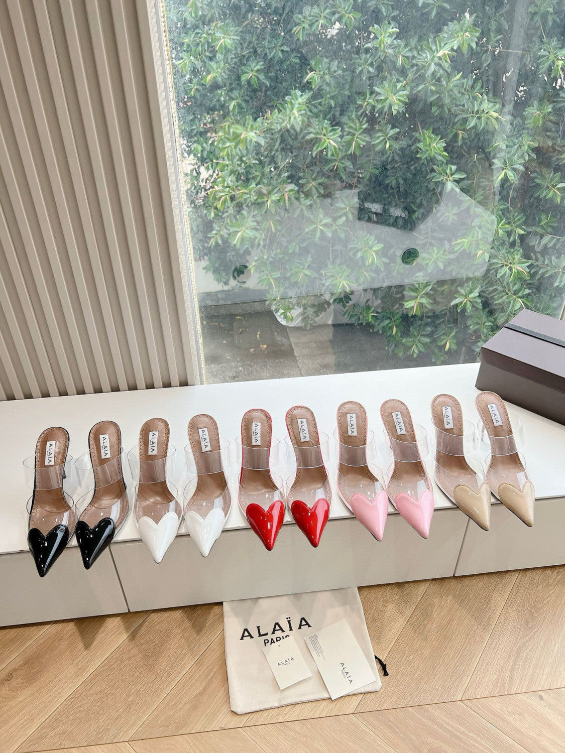 Alaia Women's Summer Fashion Elegant Pointed Toe Heart Shaped Mule Stiletto Leather Sole High Heels #78328
