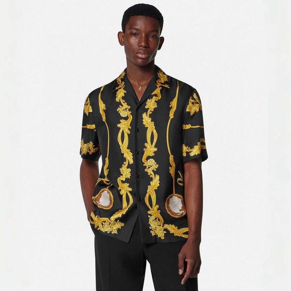 Versace Men's Medusa Cameo Printed Silk Luxury Black Gold Suit Fashion Spring Summer Trend Shirt Shorts Suit Set Ngvp #1728