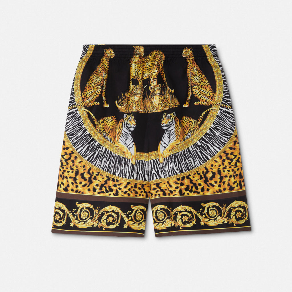 Versace Wild Cats Silk Lapel Shirt Shorts Set Men's Luxury Temperament Casual Single-breasted Shirt Elastic Waist Shorts Suit Set Ngvp #2444