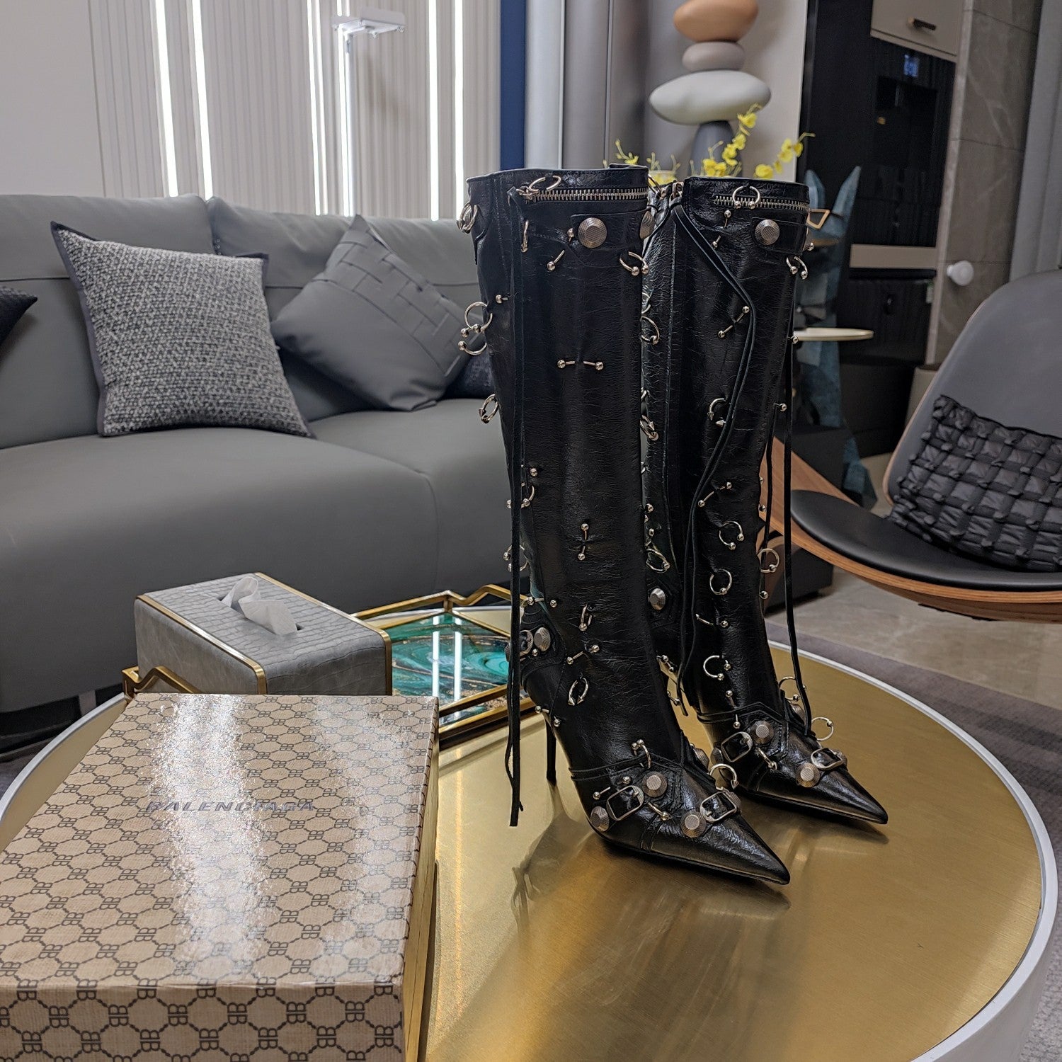 Balenciaga Women's Long Boots With Metal Studs Le Cagloe Motorcycle Boots #333258