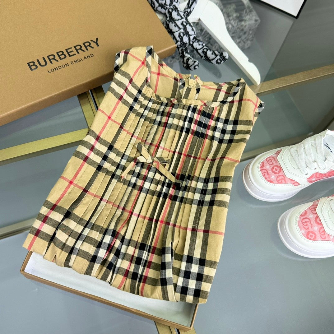 Burberry Kid's Summer Plaid Full Print Cotton Round Neck Short Pleated Sleeveless Dress #31313