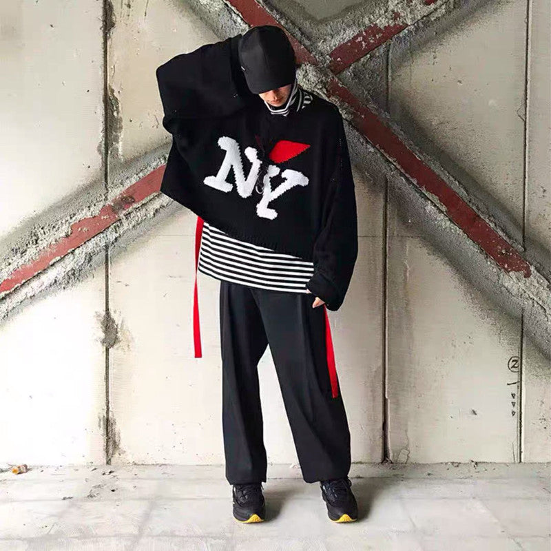 Raf Simons Men's Fall And Winter Black Ny Jacquard Round Neck Long Sleeve Knitted Sweater High Street Trend Casual Pullover Sweater Ngvp #2462