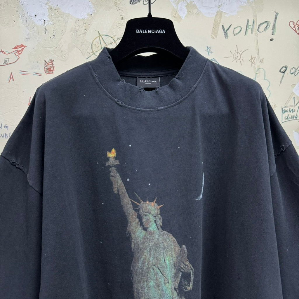 Balenciaga Men's Spring/summer Statue Of Liberty Solid Color Retro Loose Casual Plain Knitted Large Silhouette Short Sleeved T-shirt #72447