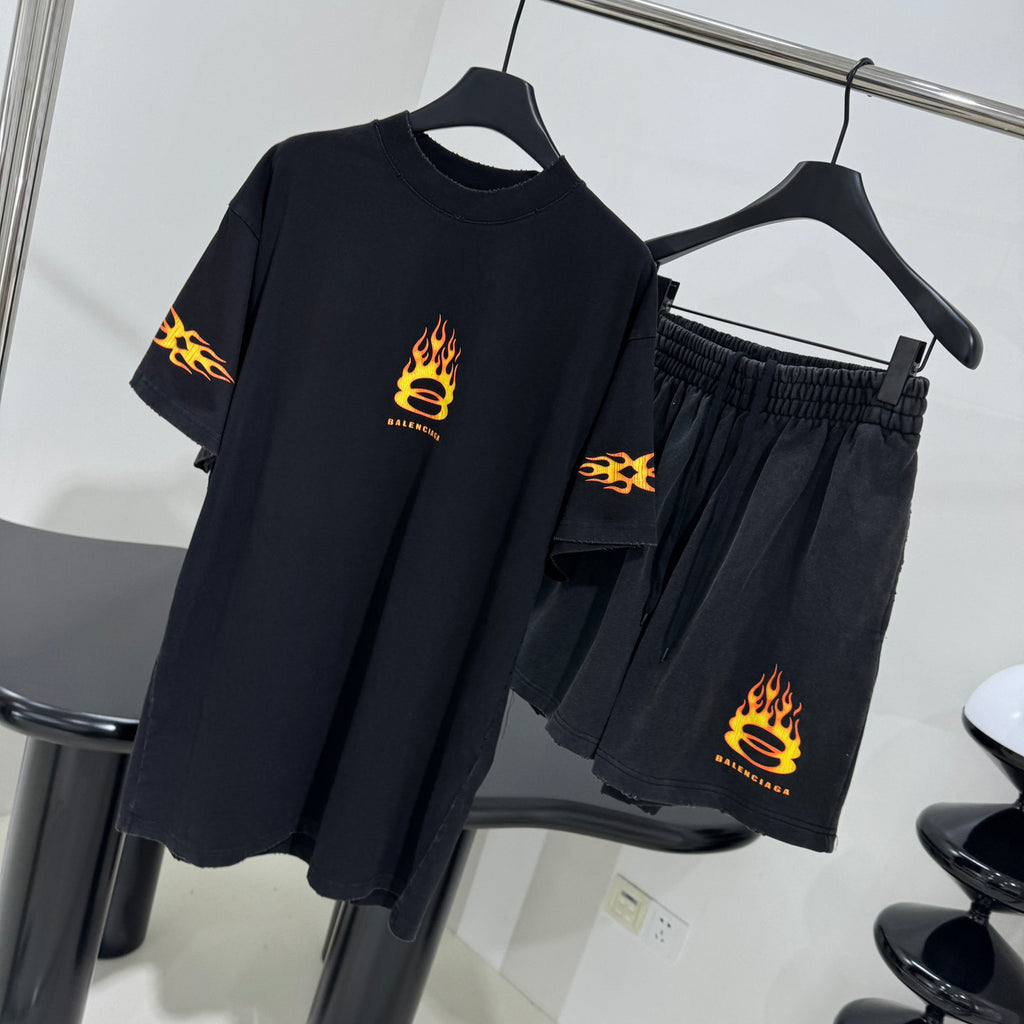 Balenciaga Men's Summer Burning Unity Light Vintage Plain Knit Large Silhouette Short Sleeve T-Shirt Stretch Mid Waist Cotton Shorts Pants Set Suit #99724