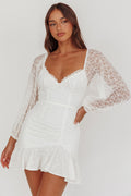 Halley Balloon Sleeve Frill Bust Flounce Hem Lace Dress White