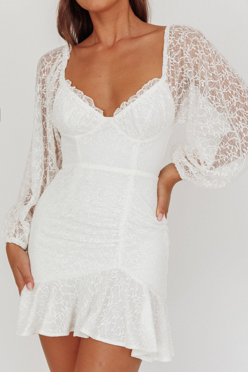 Halley Balloon Sleeve Frill Bust Flounce Hem Lace Dress White