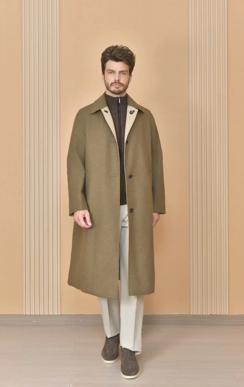 Loro Piana Men's Reversible Double-Faced Coat with Belt. Single-Button Lapel. Long Fit Jacket Ngvp #2336