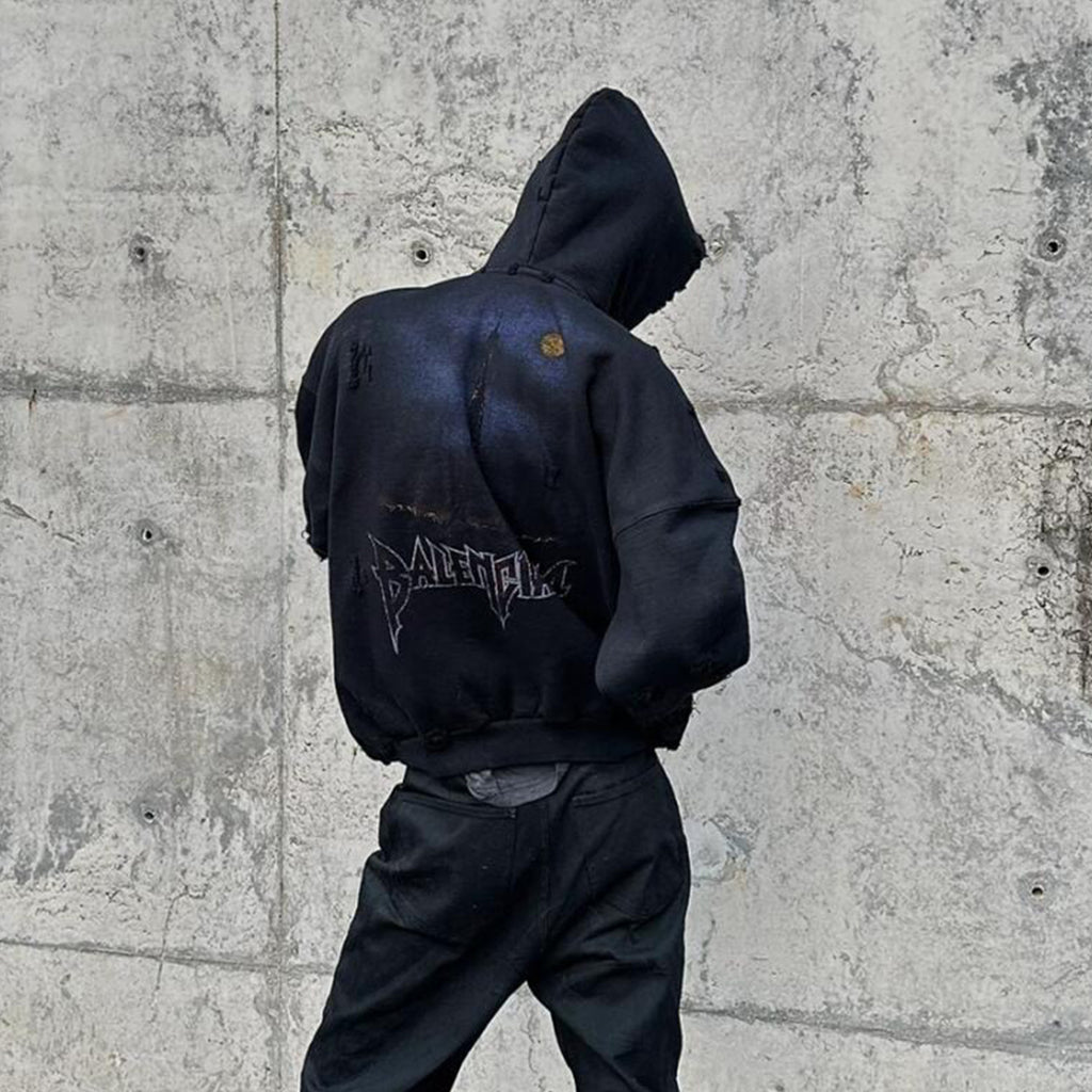 Balenciaga Men's Logo Letter Printed Torn Zipper Sweatshirt Loose Fit High Street Trend Dark Style Hooded Sweatshirt #71787