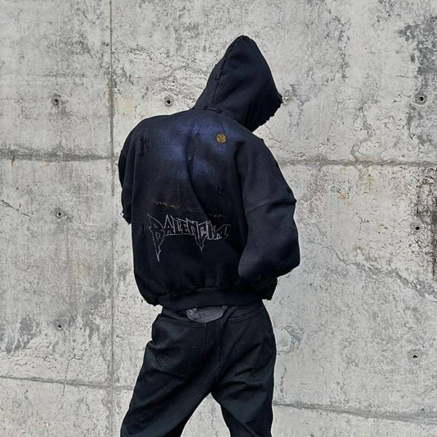 Balenciaga Men's Logo Letter Printed Torn Zipper Sweatshirt Loose Fit High Street Trend Dark Style Hooded Sweatshirt #71787