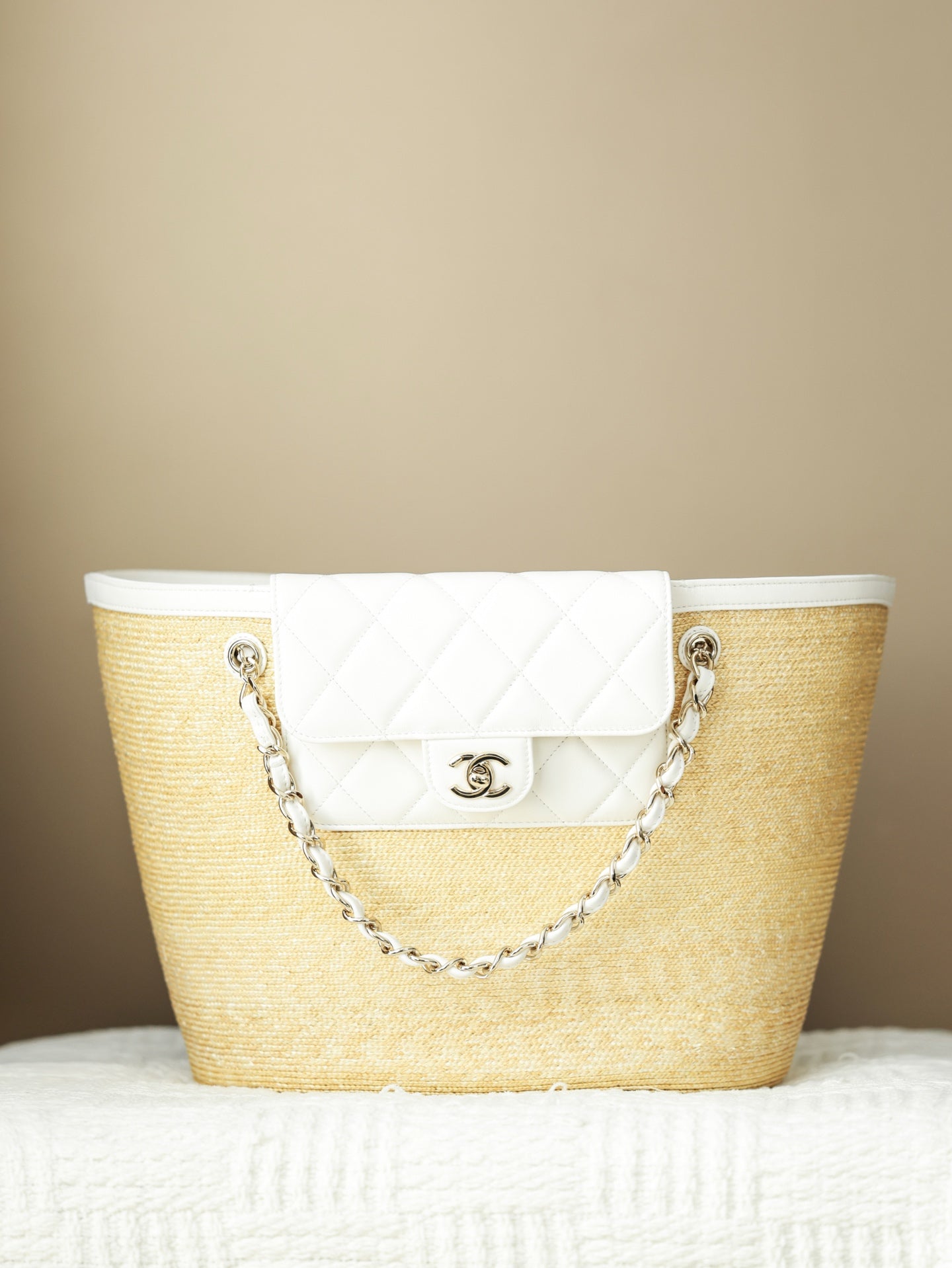 Chanel Large Shopping Bag Braided Straw Lambskin Gold-tone Metal #381455