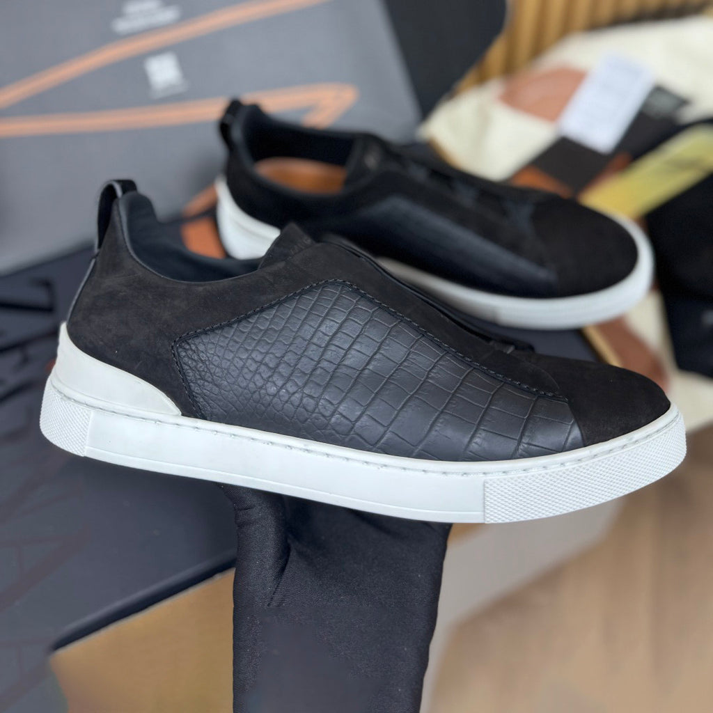 Ermenegildo Zegna Men's Fashion Classic Round Toe Slip On Flat Low Top Crocodile Leather Suede Patchwork Luxury Business Casual Shoes #79375