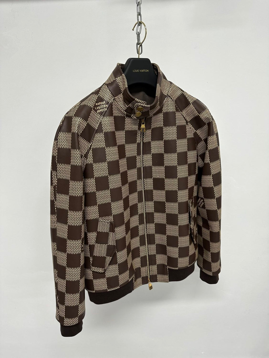 Louis Vuitton Men's Fall And Winter Brown Checkerboard Pattern Collar Zipper Cowhide Long Sleeved Jacket #72772