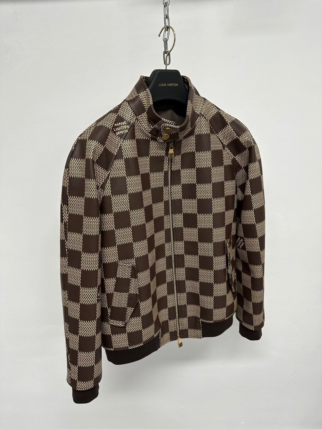 Louis Vuitton Men's Fall And Winter Brown Checkerboard Pattern Collar Zipper Cowhide Long Sleeved Jacket #72772