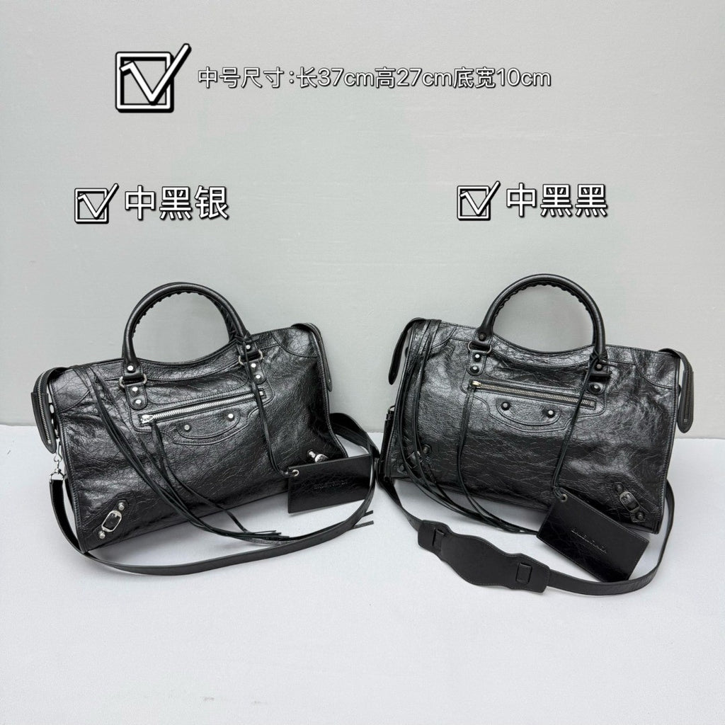 Balenciaga Le City Medium And Small Handbags Silver And Black Accents Imported Lambskin Biker Bag Riveted Tote Crossbody Bags #84168A