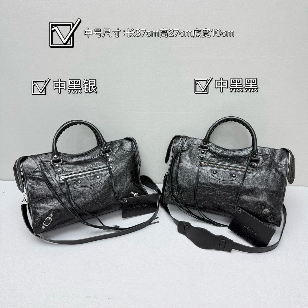 Balenciaga Le City Medium And Small Handbags Silver And Black Accents Imported Lambskin Biker Bag Riveted Tote Crossbody Bags #84168A