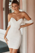 Evelina Draped Sleeve Sweetheart Neckline Ruched Dress White