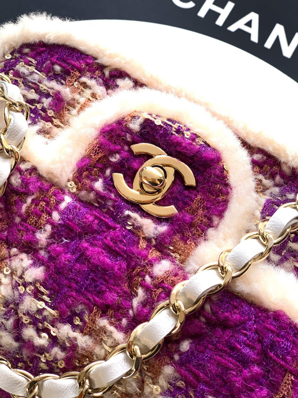 Chanel Large Flap Bag Tweed Shearling Lambskin #333980