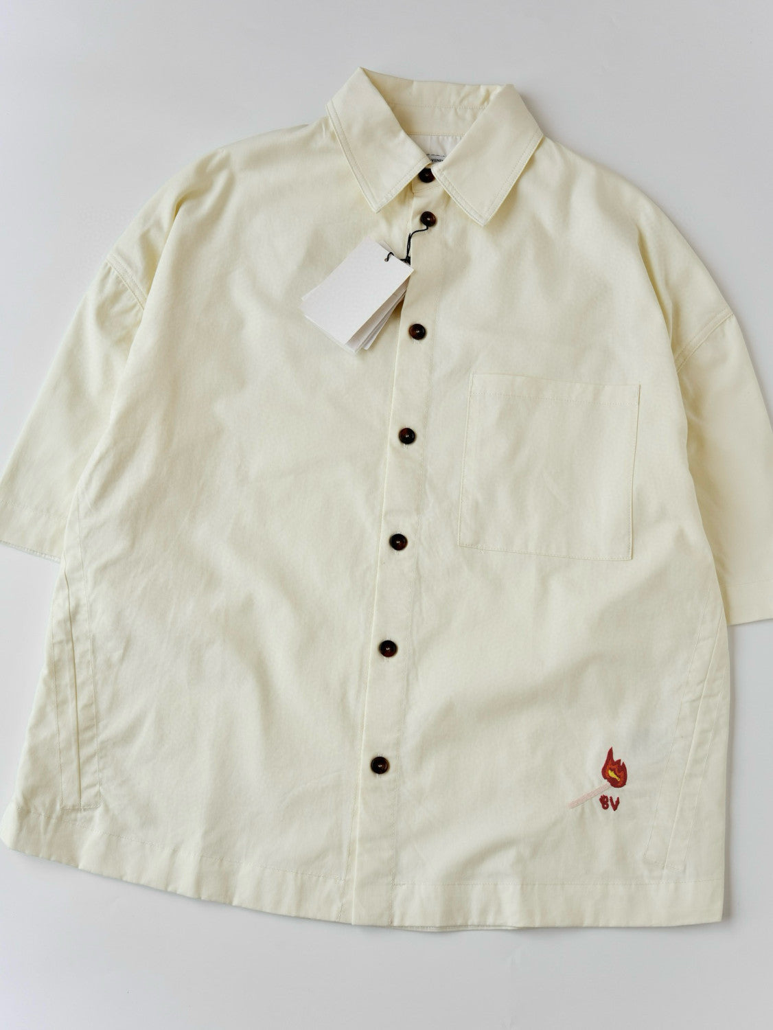 Bottega Veneta Men's Summer Solid Color Embroidered Matchstick Print Single Button Short Sleeve Shirt #77111