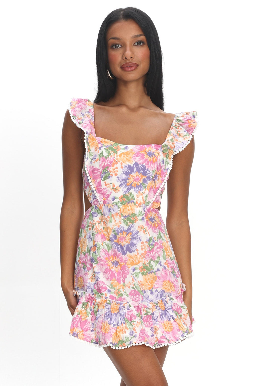 Porcia Tied Back Frill Dress White Multi