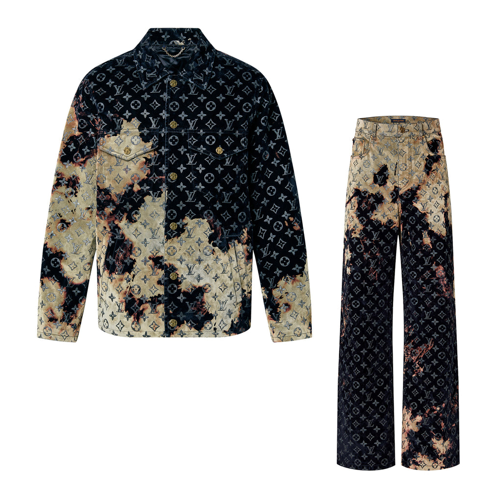 Louis Vuitton Men's Autumn and Winter Pattern Printed Lapel Single Breasted Denim Jacket Jeans Pants Set Suit #97775