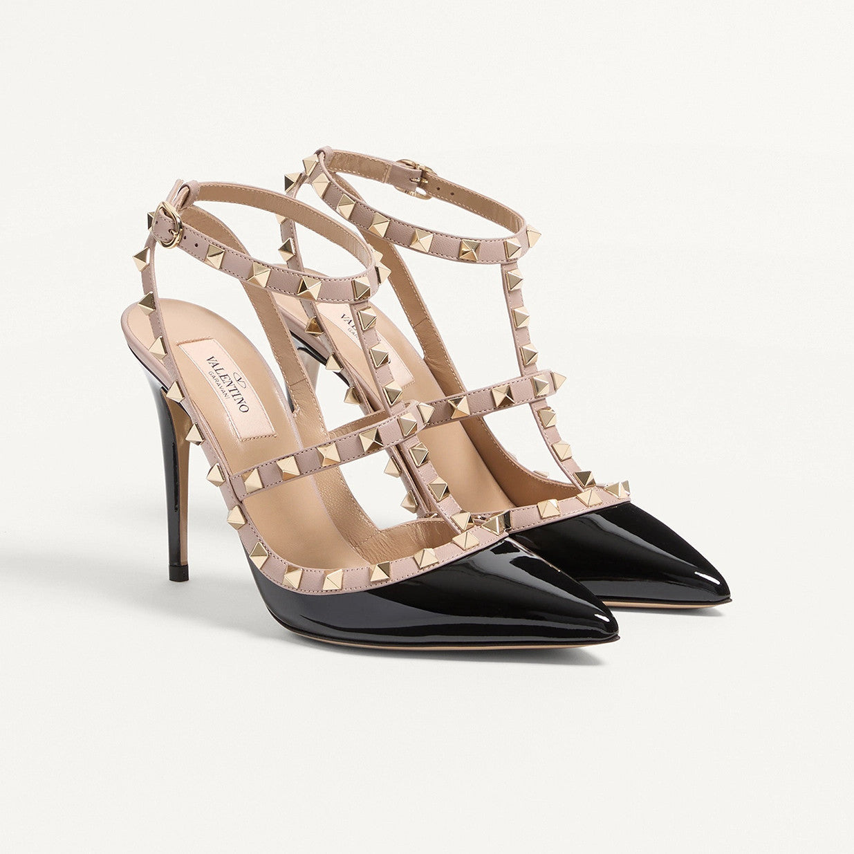 Valentino ROCKSTUD Women's Summer Classic Pointed-Toe Open-Back Stiletto Patent Leather Lace Up Studded Double-Strap High Heels #78999