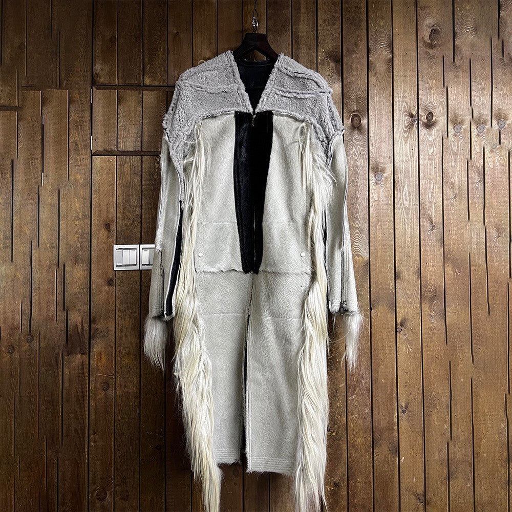 Rick Owens Men's Autumn And Winter Colorblocking Splicing Zipper Long Loose Fur Coat Ngvp #6964