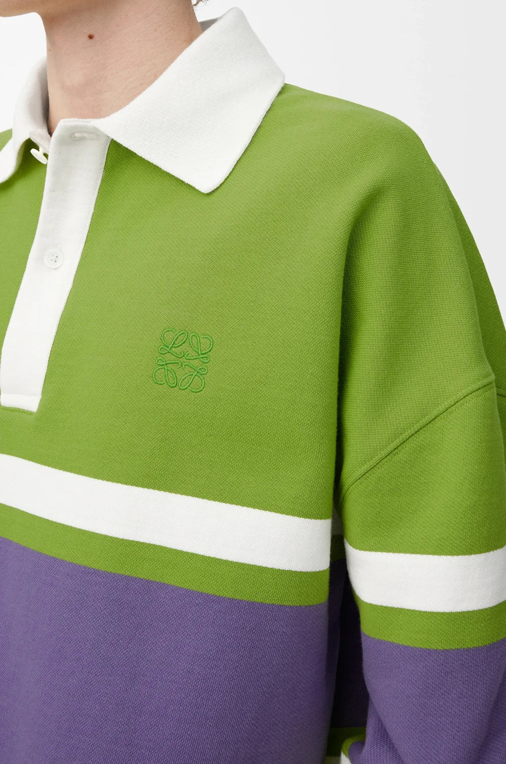 LOEWE FW25 Men's Cotton Horizontal Striped Logo Embroidered Long-Sleeved Polo Shirt #332269