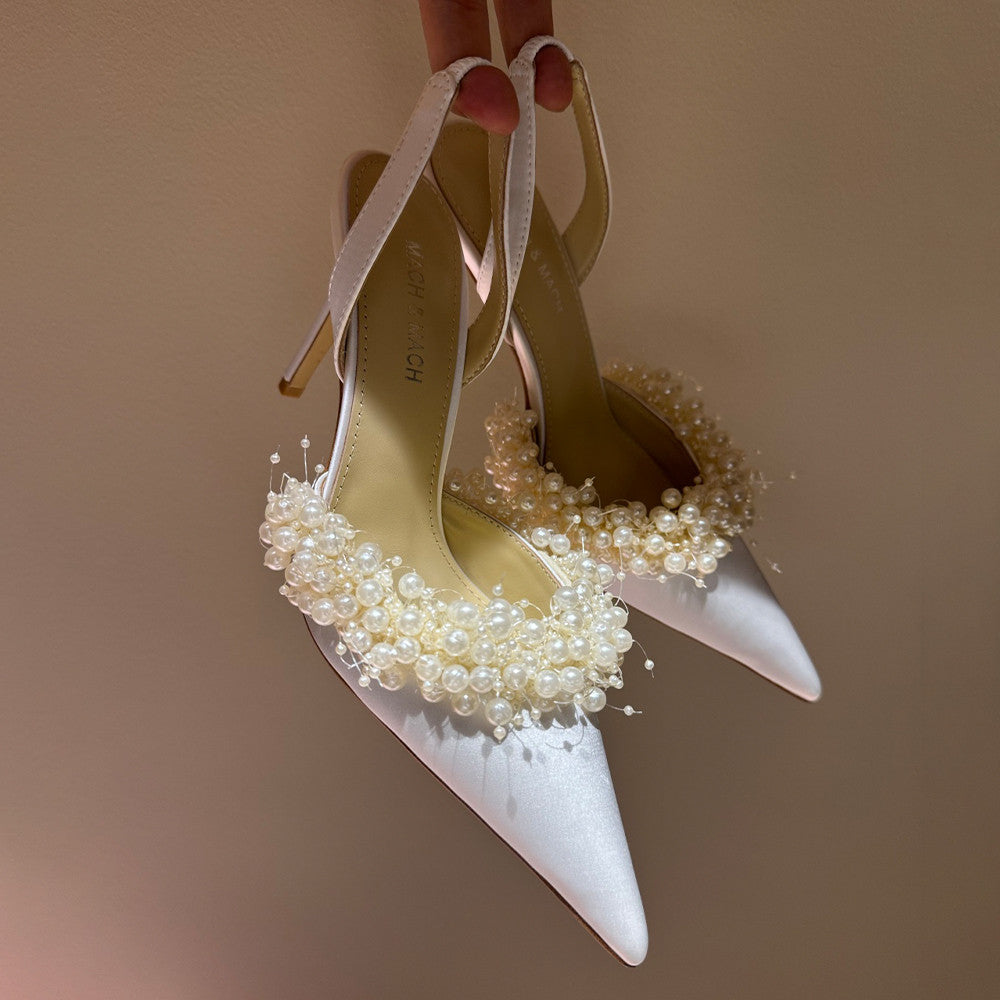 Mach & Mach Women's Spring. Summer And Autumn Pointed Toe Pearl Decorated Satin Solid Color High Heels Fine Heeled 8.5cm Casual Sandals Shoes Ngvp #1532
