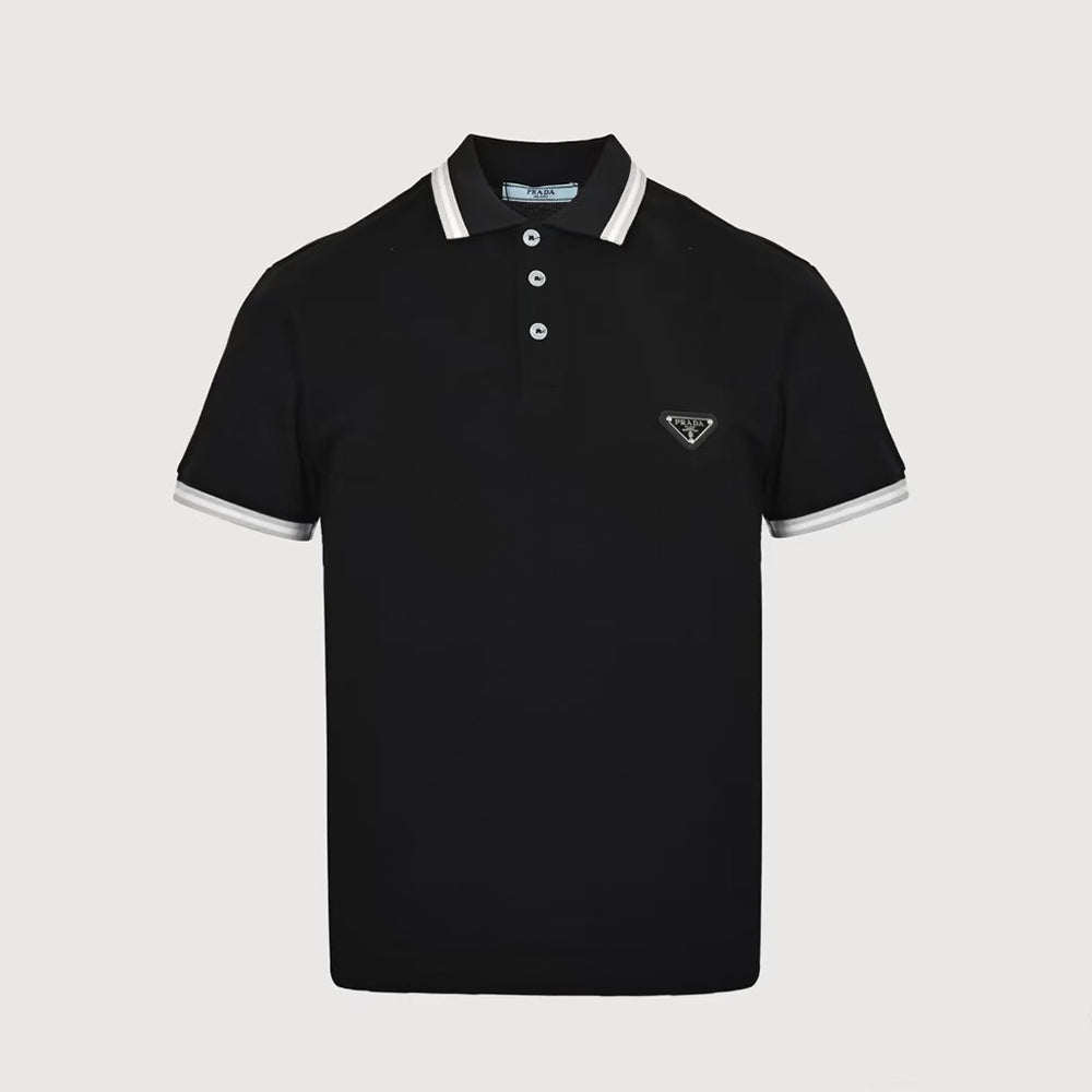 Prada Men's Summer Logo Colorblocked Lapel Cotton Short Sleeve Straight Polo Shirt #81275
