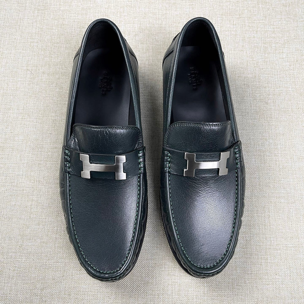 Hermes Men's Fall/Winter Fashion Classic Solid Color Leather Round Toe Slip On Logo Low Top Flat Leather Shoes #78922
