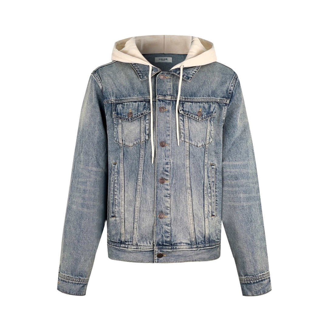Celine Men's Spring/Autumn Solid Color Hooded Single-Breasted Long-Sleeved Denim Jacket #77716