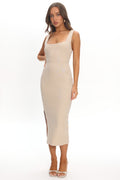 Sheena Square Neckline Side Split Midi Dress Beige