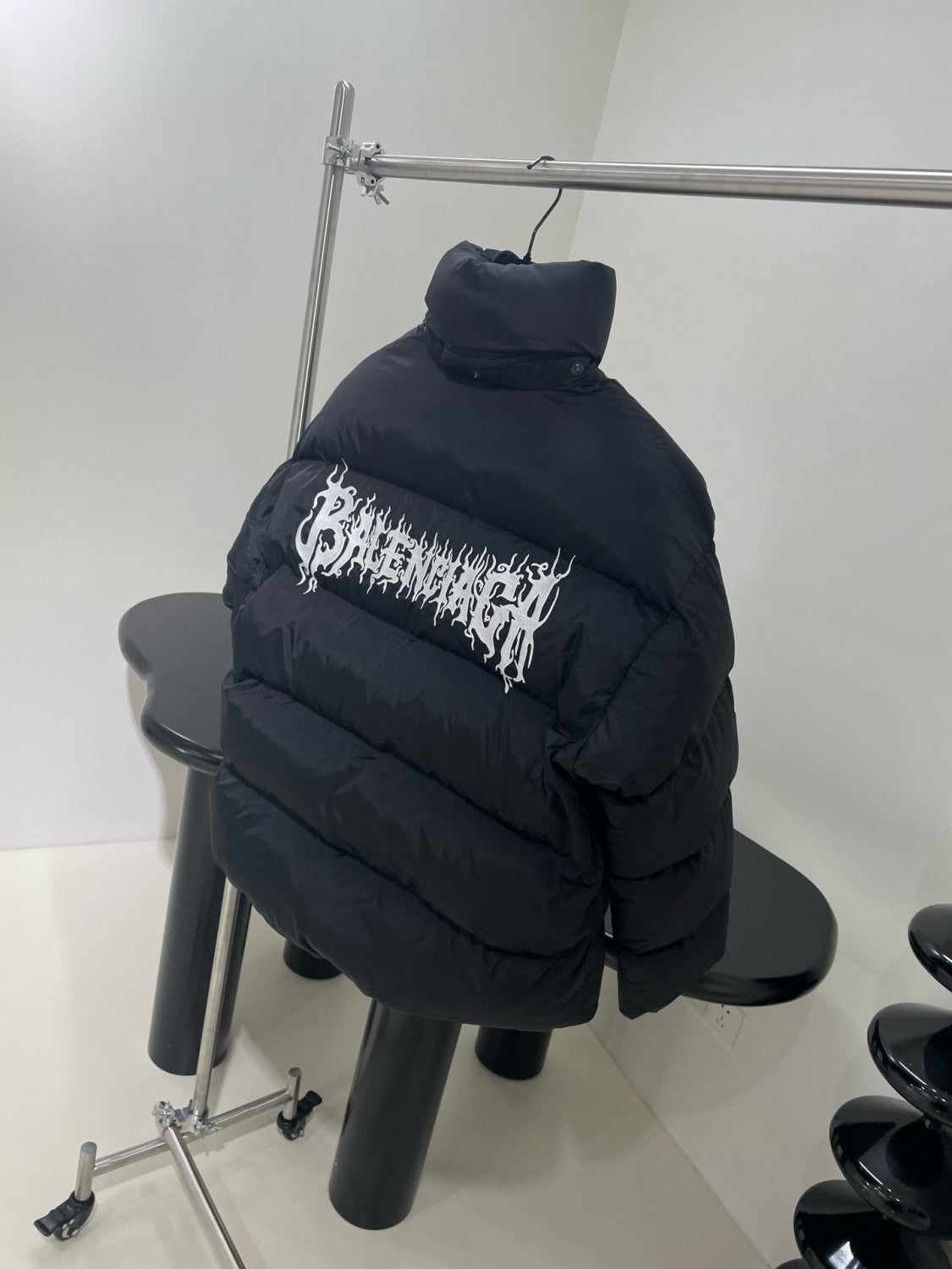 Balenciaga Men's Winter Flame Letter Logo Print Black Nylon Fabric Long Sleeve Puffer Down Jacket #98137