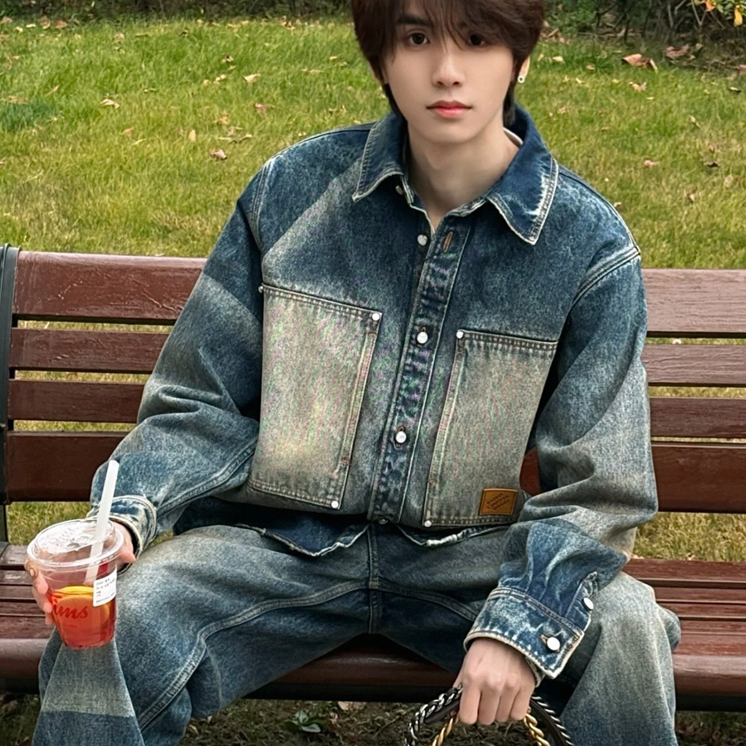 Louis Vuitton Sun Fading Effect Denim Long Sleeve Shirt Skateboarding Jeans Pants Men'S Spring And Summer Fashion High Street Trend Casual Suit Set #75985