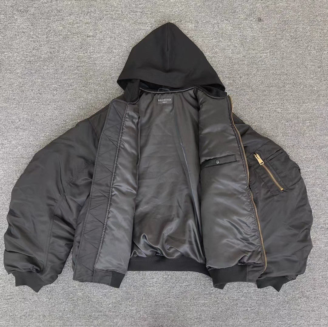 Balenciaga Men's Winter Black Nylon Embroidered Logo Hooded Pilot Zipper Long Sleeve Jacket #98145