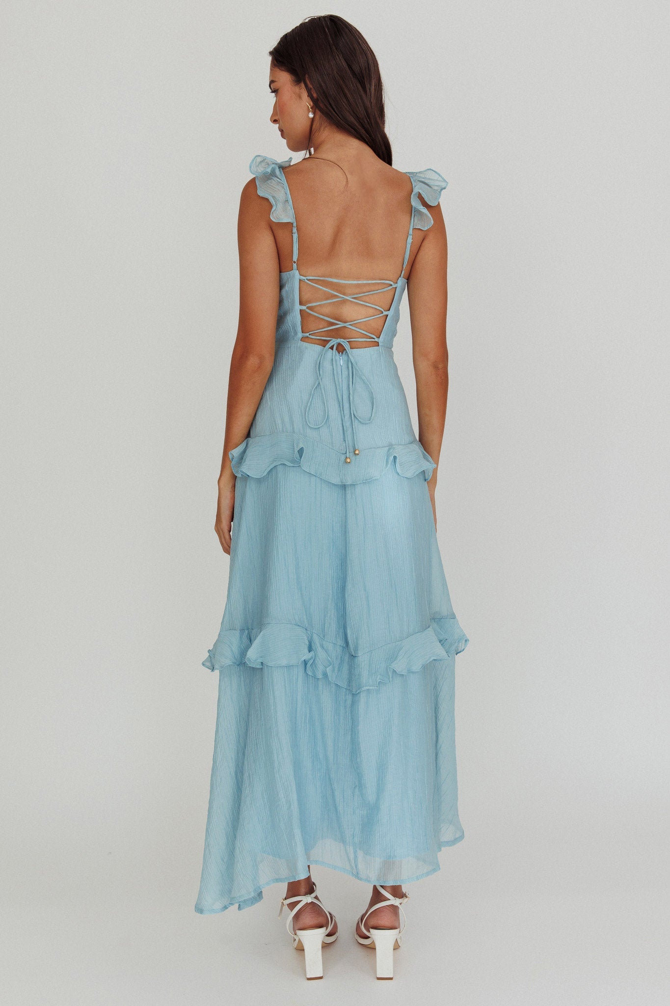 Moonlit Moment Ruffle Trim Lace-Up Back Maxi Dress Blue